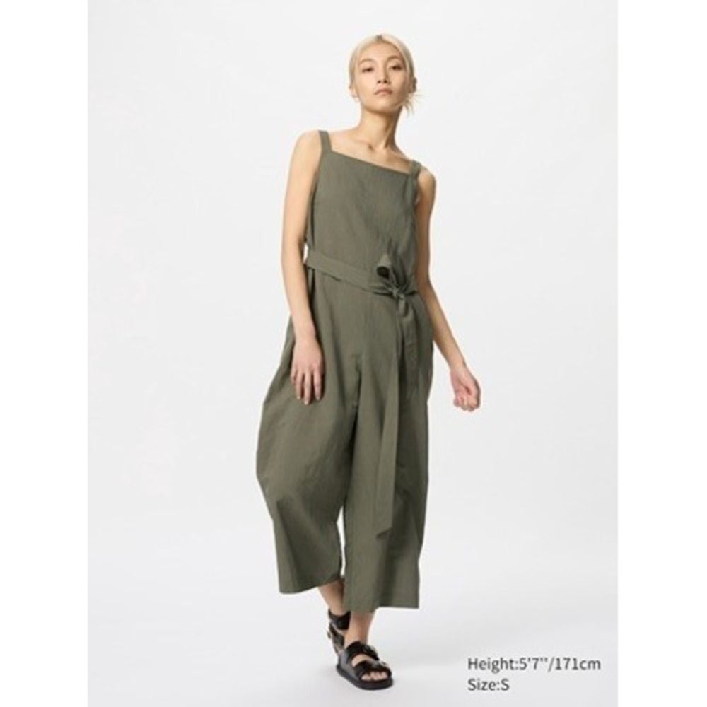 Uniqlo Olive Green Pinstripe Linen Blend Wide Leg Jumpsuit Size M